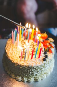 Lighting candles on a birthday cake